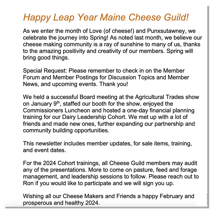 Maine Cheese Guild February 2024 Big Cheese Newsletter excerpt